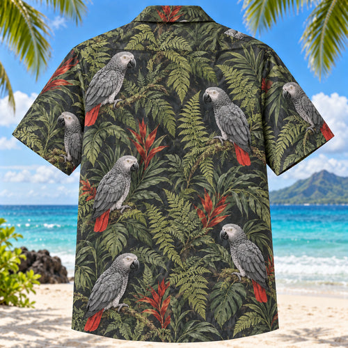 Back view of African Grey Fern Parrot Hawaiian Shirt with matching pet parrot artwork in charcoal, silver, fern green, rust red