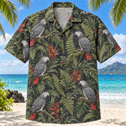 Front view of African Grey Fern Parrot Hawaiian Shirt with original African grey parrots with subtle red tails among layered ferns