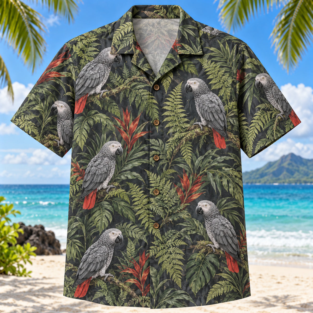 Front view of African Grey Fern Parrot Hawaiian Shirt with original African grey parrots with subtle red tails among layered ferns