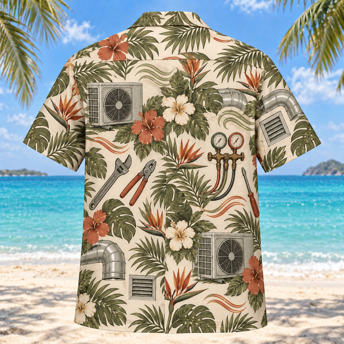 Back view of Airflow HVAC Hawaiian Shirt with matching artwork in olive, cream, terracotta