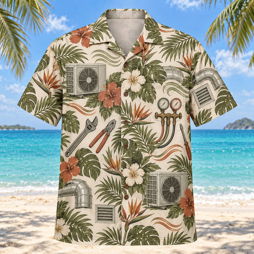 Front view of Airflow HVAC Hawaiian Shirt with original airflow motifs, with tropical botanical accents; no text or branded equipment