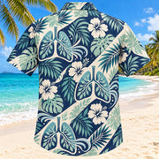 Back view of Airflow Garden Navy Respiratory Therapist Hawaiian Shirt with matching artwork in navy, aqua, warm cream