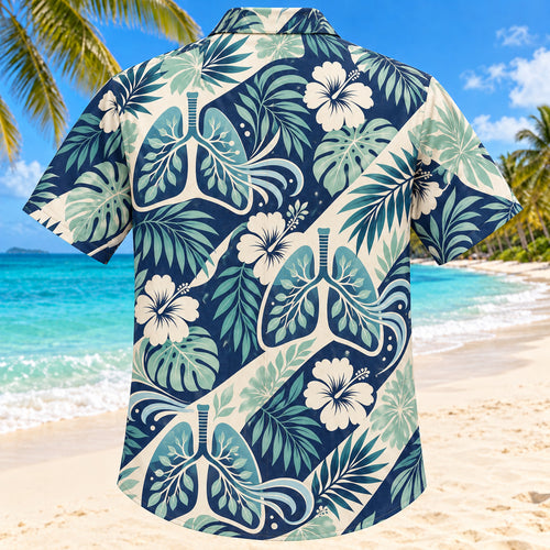 Back view of Airflow Garden Navy Respiratory Therapist Hawaiian Shirt with matching artwork in navy, aqua, warm cream