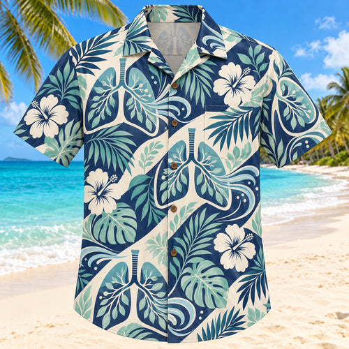 Front view of Airflow Garden Navy Respiratory Therapist Hawaiian Shirt with original stylized lungs, airflow curves and leaves in a large focal motifs with small botanical echoes