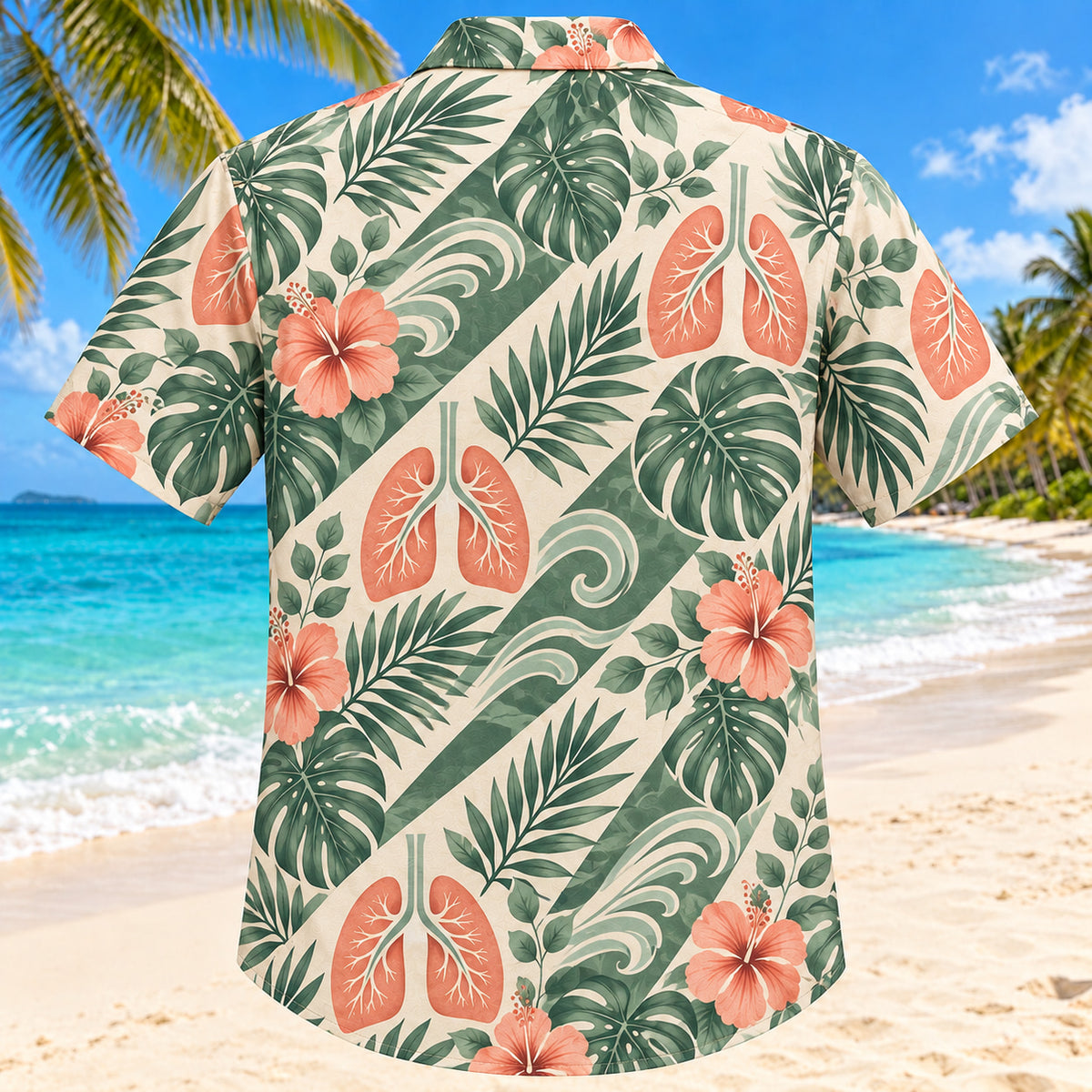 Back view of Airflow Garden Sage Respiratory Therapist Hawaiian Shirt with matching artwork in sage, sand, coral