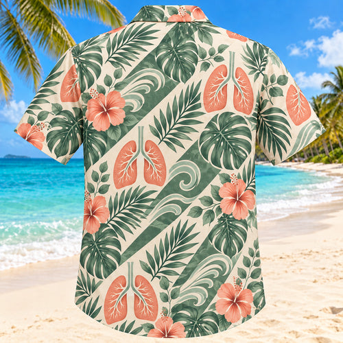 Back view of Airflow Garden Sage Respiratory Therapist Hawaiian Shirt with matching artwork in sage, sand, coral