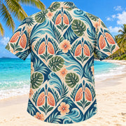 Back view of Airflow Garden Sunset Respiratory Therapist Hawaiian Shirt with matching artwork in sunset peach, sea blue, olive