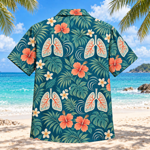 Back view of Airflow Garden Teal Respiratory Therapist Hawaiian Shirt with matching artwork in deep teal, ivory, coral