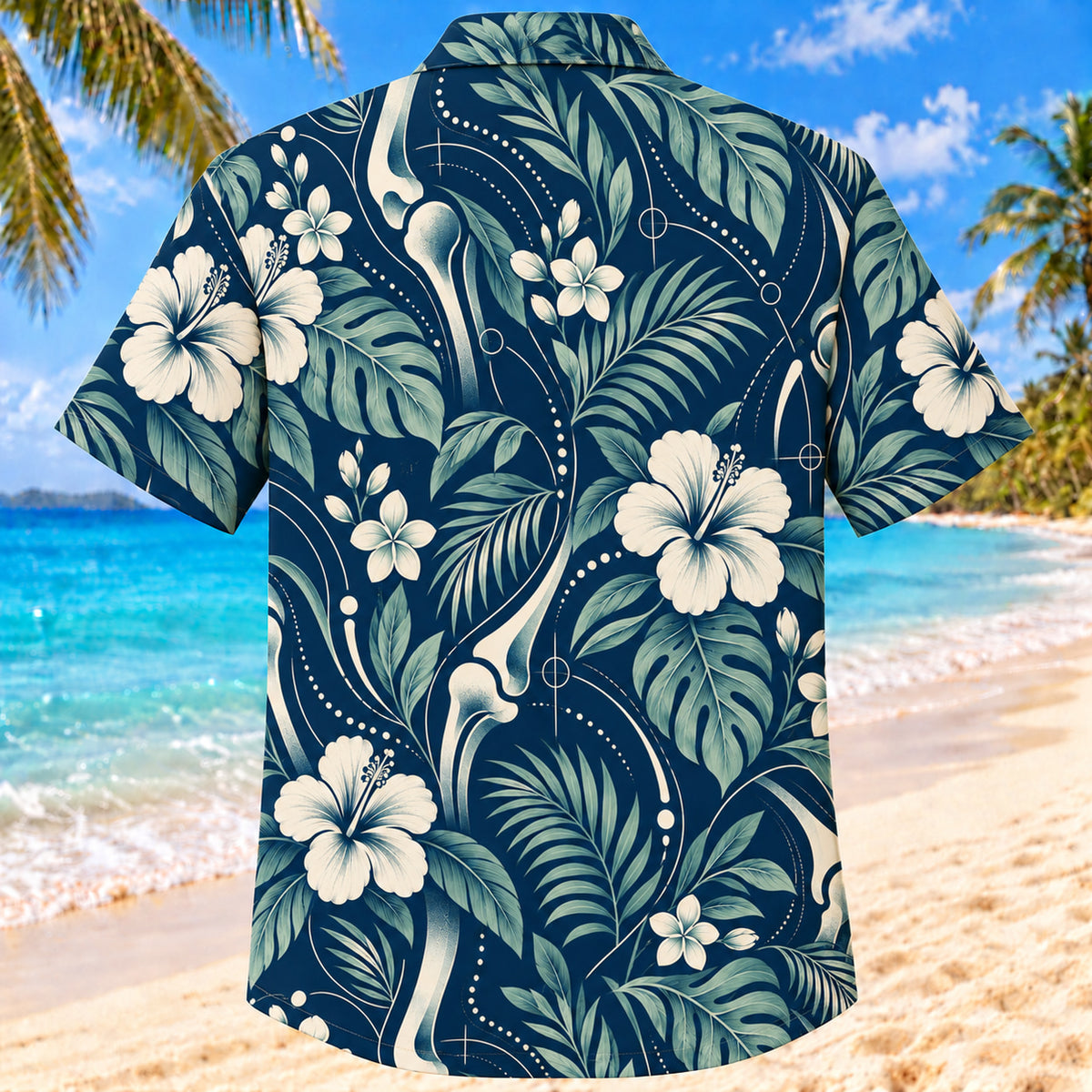 Back view of Alignment Wave Navy Cream Orthotist and Prosthetist Hawaiian Shirt with matching artwork in navy, warm ivory, pale seafoam