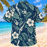 Back view of Alignment Wave Navy Cream Orthotist and Prosthetist Hawaiian Shirt with matching artwork in navy, warm ivory, pale seafoam