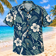 Front view of Alignment Wave Navy Cream Orthotist and Prosthetist Hawaiian Shirt with original abstract alignment lines, generic joint forms and tropical foliage