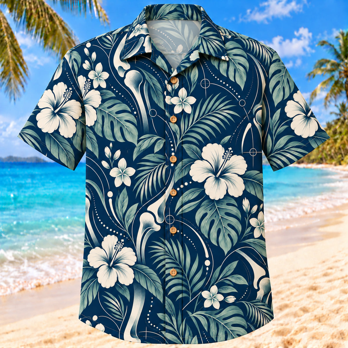 Front view of Alignment Wave Navy Cream Orthotist and Prosthetist Hawaiian Shirt with original abstract alignment lines, generic joint forms and tropical foliage