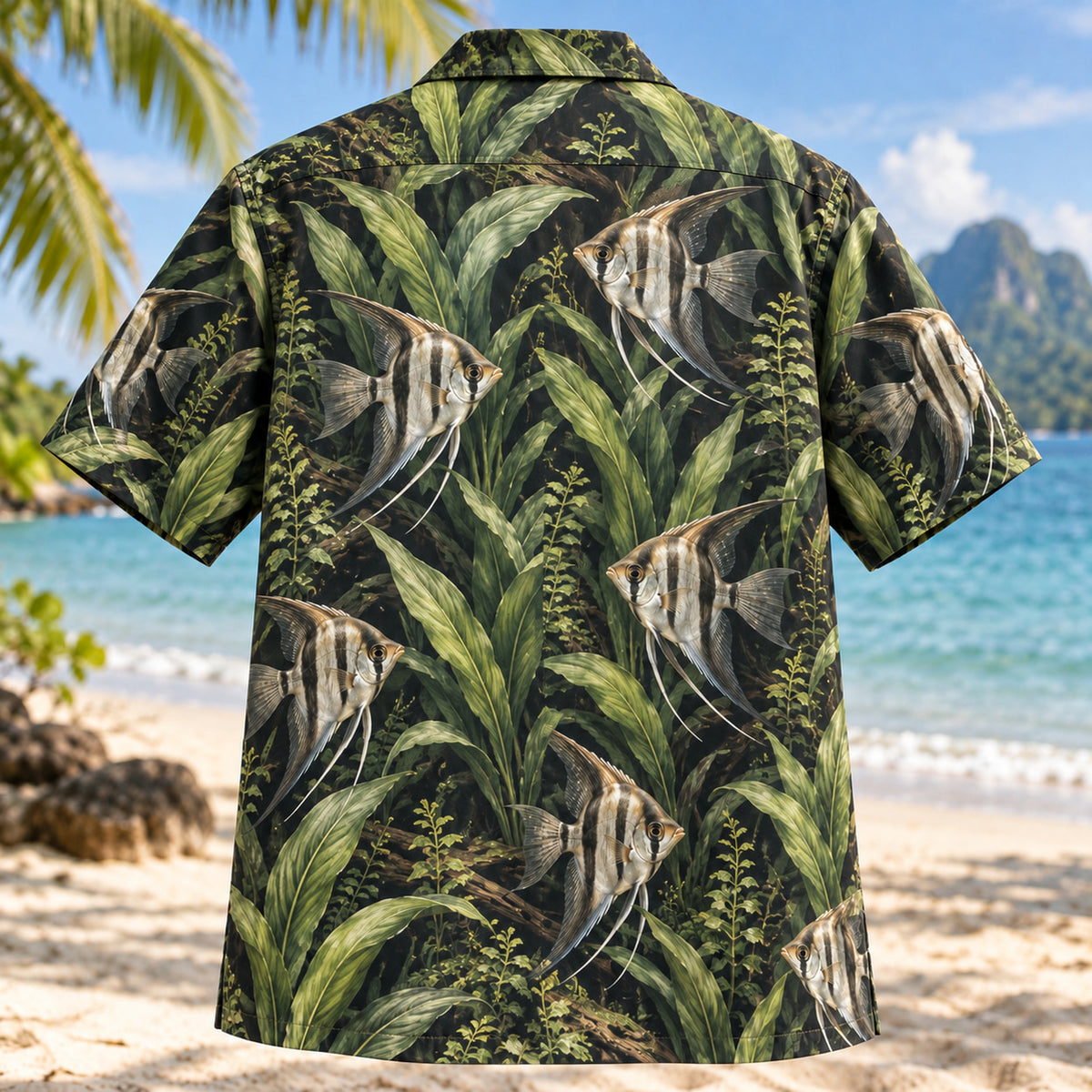 Back view of Angelfish Amazon Freshwater Aquarium Hawaiian Shirt with matching artwork in silver, black, sage