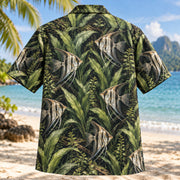 Back view of Angelfish Amazon Freshwater Aquarium Hawaiian Shirt with matching artwork in silver, black, sage