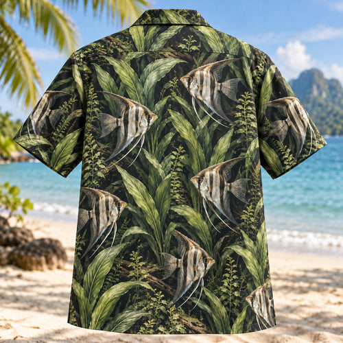 Back view of Angelfish Amazon Freshwater Aquarium Hawaiian Shirt with matching artwork in silver, black, sage