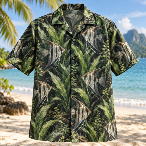 Front view of Angelfish Amazon Freshwater Aquarium Hawaiian Shirt with freshwater angelfish among Amazon sword plants