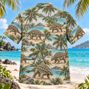 Back view of Ankylosaurus Coast Dinosaur Hawaiian Shirt with matching artwork in moss, aqua, sand
