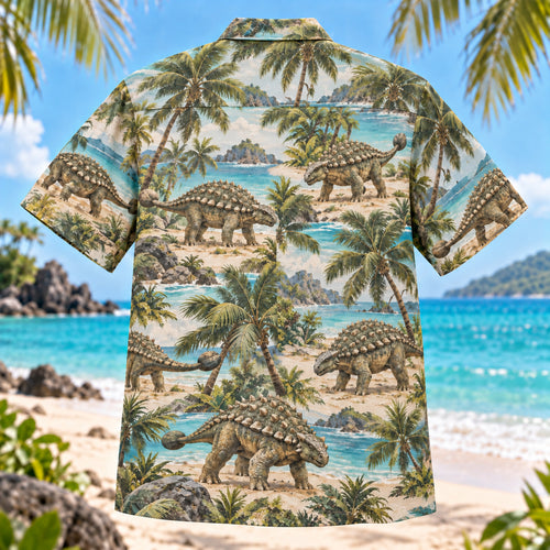Back view of Ankylosaurus Coast Dinosaur Hawaiian Shirt with matching artwork in moss, aqua, sand