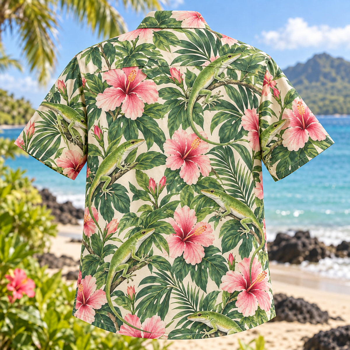 Back view of Anole Hibiscus Reptile Hawaiian Shirt with matching artwork in green, pink, cream