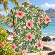 Back view of Anole Hibiscus Reptile Hawaiian Shirt with matching artwork in green, pink, cream