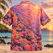 Back view of Anthias Sunset Reef Aquarium Hawaiian Shirt with matching artwork in pink, orange, purple