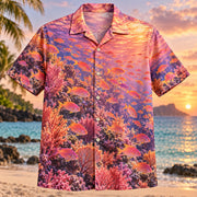 Front view of Anthias Sunset Reef Aquarium Hawaiian Shirt with anthias fish schools in a sunset colored reef