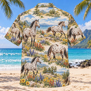 Back view of Appaloosa Meadow Horse Hawaiian Shirt with matching artwork in cream, brown, sage