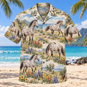 Front view of Appaloosa Meadow Horse Hawaiian Shirt with spotted Appaloosa horses among wildflowers