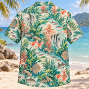 Back view of Aquarium Watercolor Freshwater Aquarium Hawaiian Shirt with matching artwork in teal, coral, cream