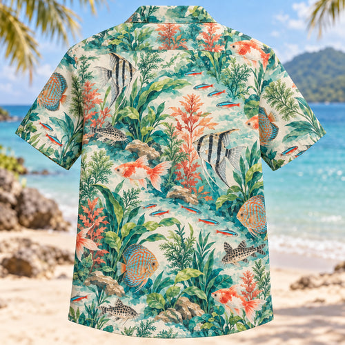 Back view of Aquarium Watercolor Freshwater Aquarium Hawaiian Shirt with matching artwork in teal, coral, cream