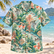 Front view of Aquarium Watercolor Freshwater Aquarium Hawaiian Shirt with original freshwater aquarium fish and plants in watercolor style