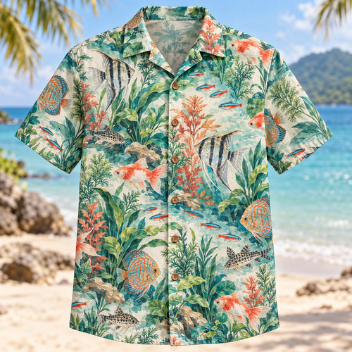 Front view of Aquarium Watercolor Freshwater Aquarium Hawaiian Shirt with original freshwater aquarium fish and plants in watercolor style