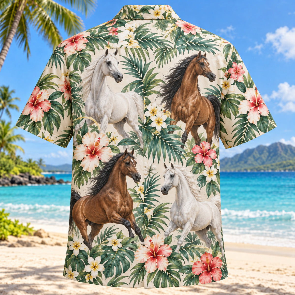Back view of Arabian Floral Horse Hawaiian Shirt with matching artwork in cream, teal, gold