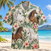 Front view of Arabian Floral Horse Hawaiian Shirt with elegant Arabian horses among delicate tropical flowers