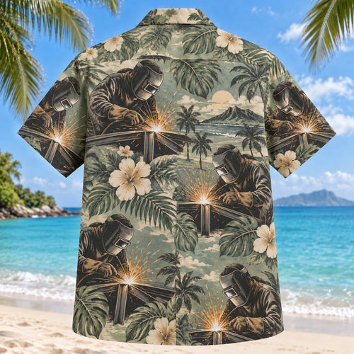 Back view of Arc Sparks Welder Hawaiian Shirt with matching artwork in sage, sand, charcoal