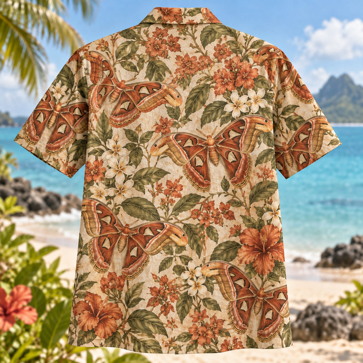 Back view of Atlas Moth Garden Butterfly and Moth Hawaiian Shirt with matching artwork in rust, tan, olive