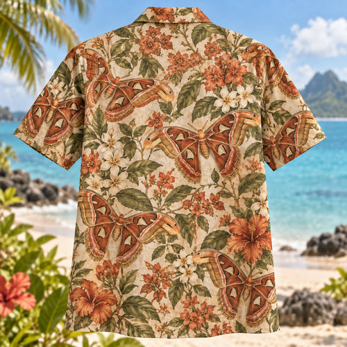 Back view of Atlas Moth Garden Butterfly and Moth Hawaiian Shirt with matching artwork in rust, tan, olive