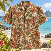 Front view of Atlas Moth Garden Butterfly and Moth Hawaiian Shirt with atlas moths among garden flowers