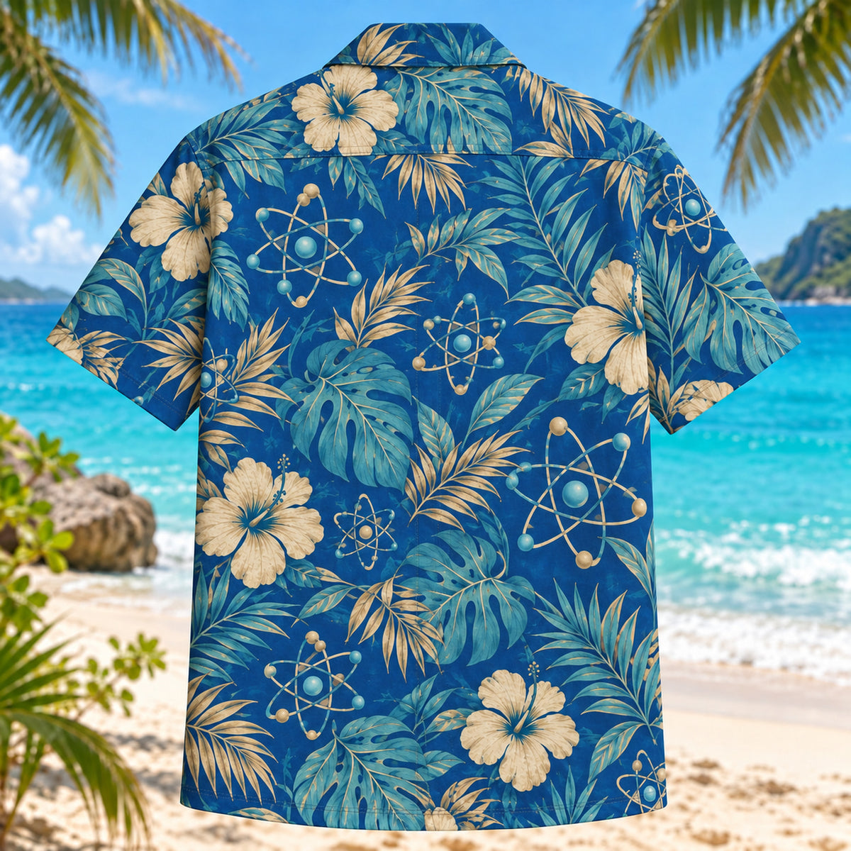 Back view of Atom Coast Chemistry Hawaiian Shirt with matching artwork in cobalt, sand, teal