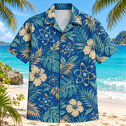 Front view of Atom Coast Chemistry Hawaiian Shirt with stylized generic atom symbols among coastal leaves
