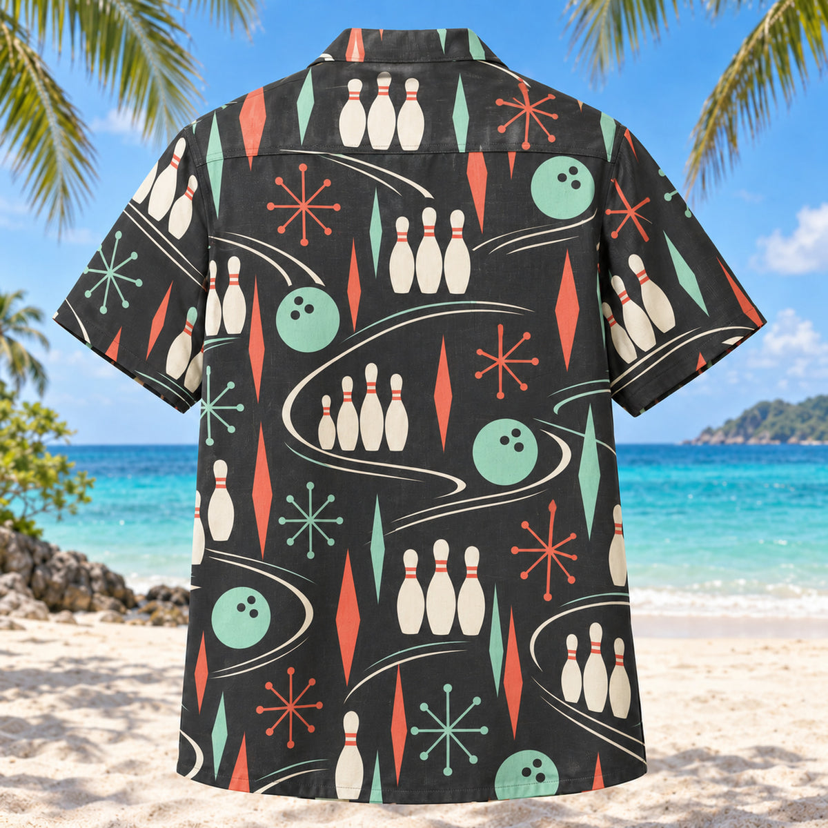 Back view of Atomic Alley Bowling Hawaiian Shirt with matching bowling artwork in charcoal, mint, coral, ivory