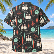 Back view of Atomic Alley Bowling Hawaiian Shirt with matching bowling artwork in charcoal, mint, coral, ivory