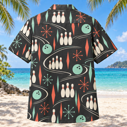 Back view of Atomic Alley Bowling Hawaiian Shirt with matching bowling artwork in charcoal, mint, coral, ivory