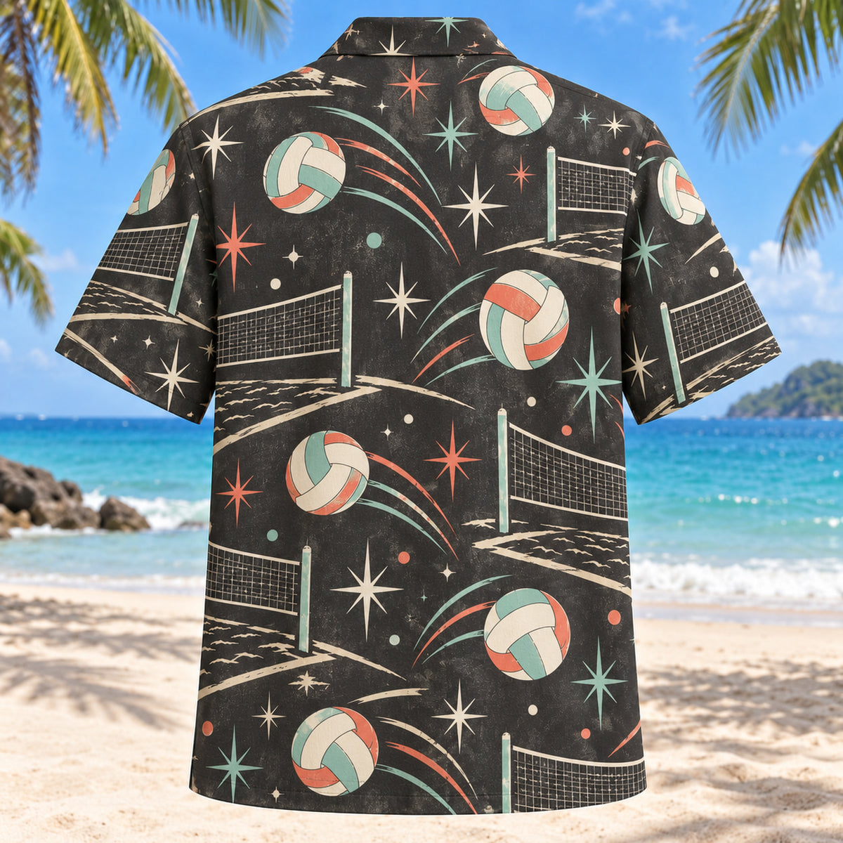 Back view of Atomic Motion Beach Volleyball Hawaiian Shirt with matching beach volleyball artwork in charcoal, mint, coral, ivory