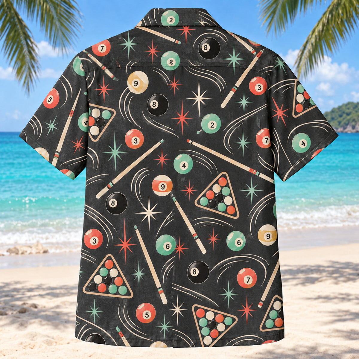 Back view of Atomic Motion Billiards Hawaiian Shirt with matching billiards artwork in charcoal, mint, coral, ivory