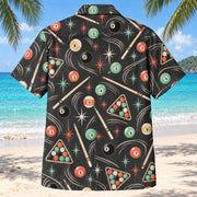 Back view of Atomic Motion Billiards Hawaiian Shirt with matching billiards artwork in charcoal, mint, coral, ivory
