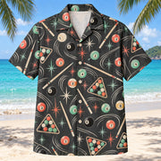 Front view of Atomic Motion Billiards Hawaiian Shirt with original atomic starbursts and curved motion paths around numbered pool balls, plain cue sticks and simple racking triangles