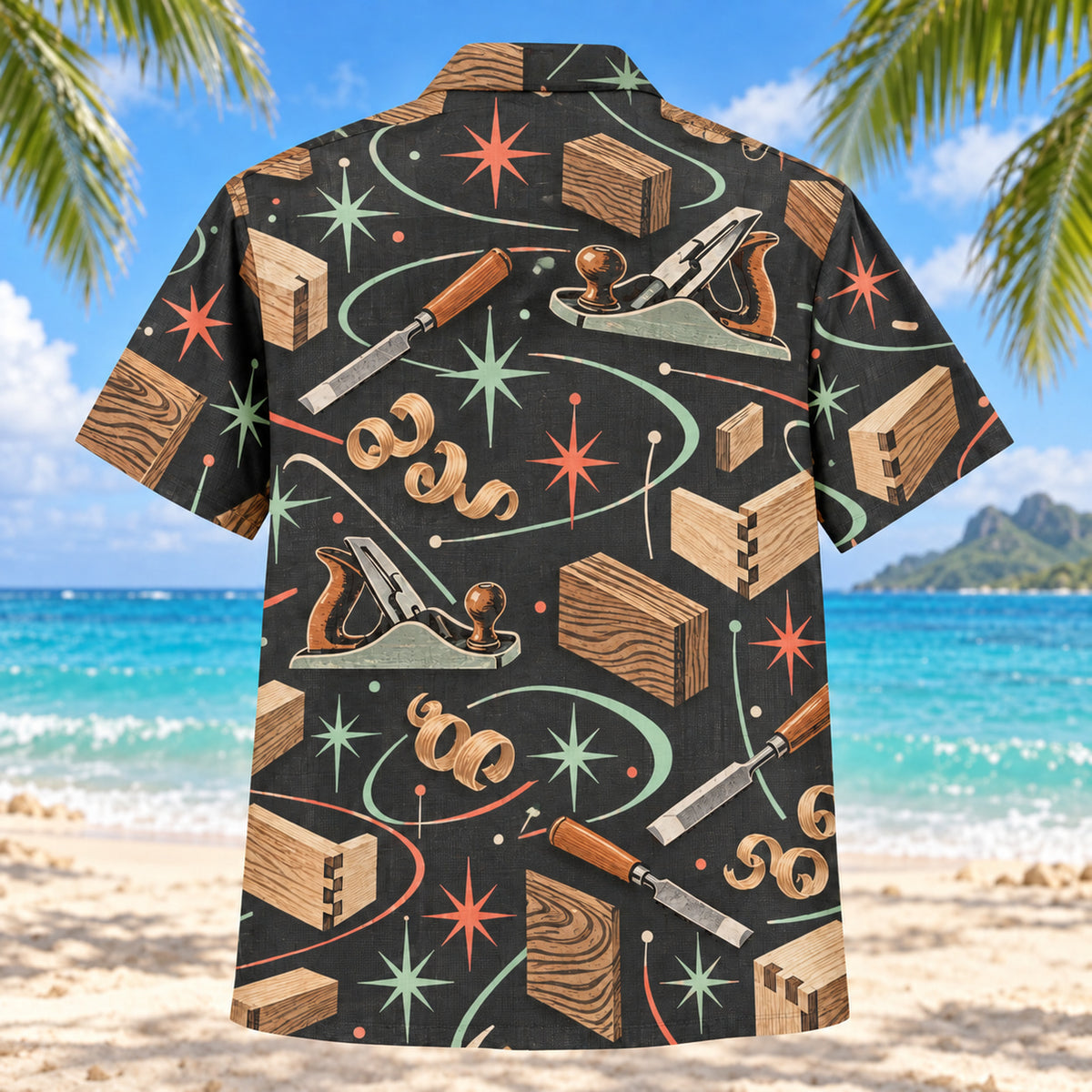 Back view of Atomic Motion Carpenter Hawaiian Shirt with matching carpenter artwork in charcoal, mint, coral, ivory