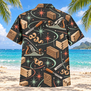 Back view of Atomic Motion Carpenter Hawaiian Shirt with matching carpenter artwork in charcoal, mint, coral, ivory