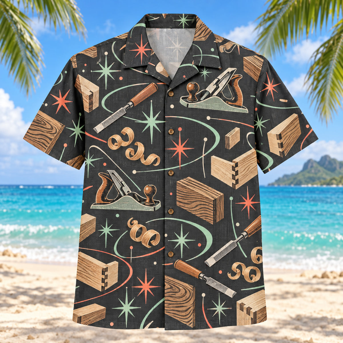 Front view of Atomic Motion Carpenter Hawaiian Shirt with original atomic starbursts and curved motion paths around vintage hand planes, chisels, wood joints, shavings and original wood grain